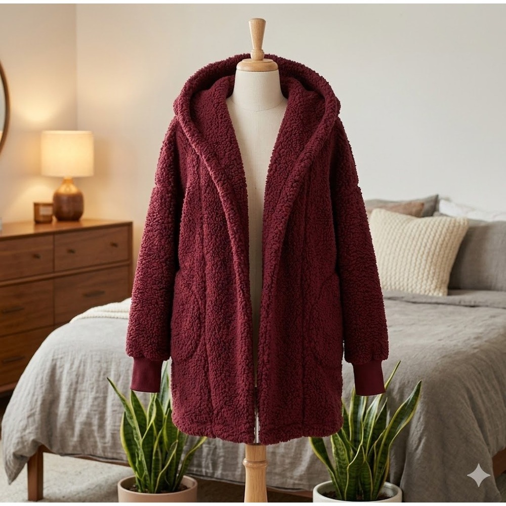 Jill Martin Wine Burgundy Sherpa‎ Hooded Cardigan Wine Glass Back XS/S
